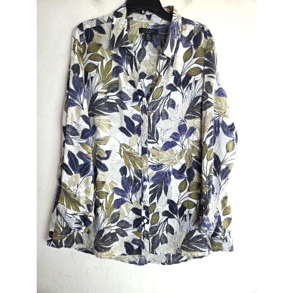 Tahari Women Beige w/Blue Green Floral 100% Linen Button Down Shirt size 2X